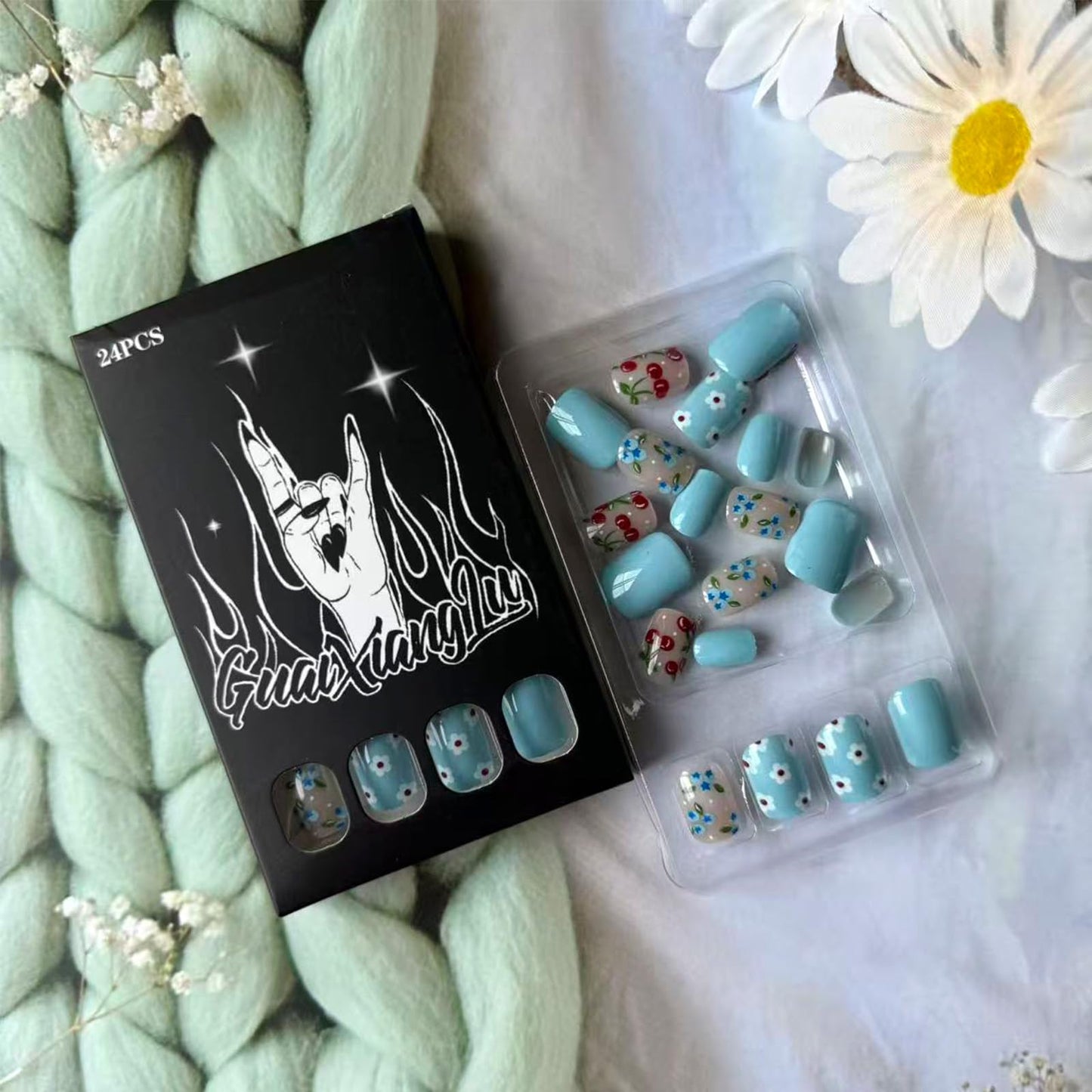 Spring Summer Press on Nails Short Square Fake Nails with Cherry Blueberry Designs Glossy Blue Press on False Nails Cute Flower Glue on Nail Fruit Floral Stick on Nail for Women 24Pcs