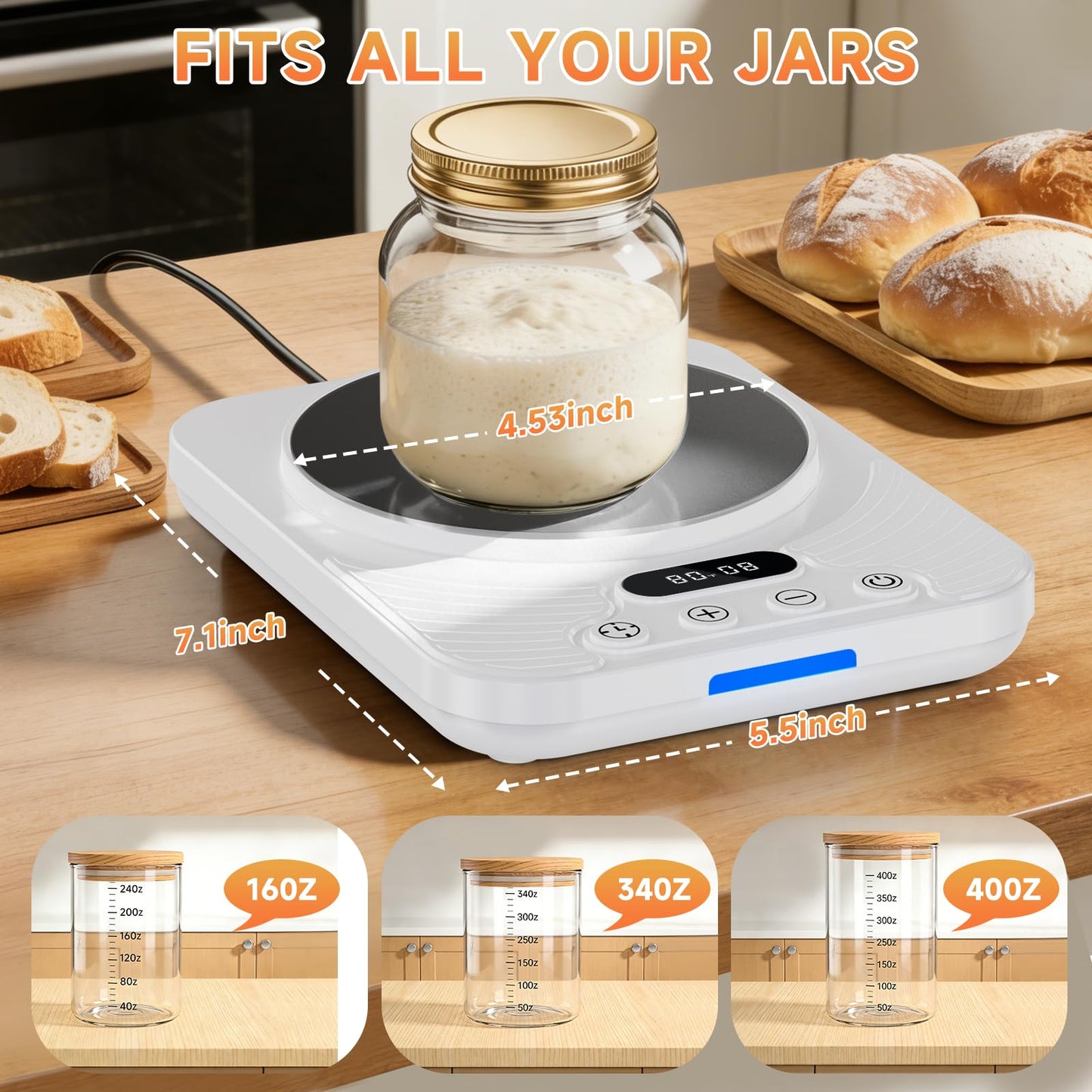 Sourdough Starter Warmer Mat with 1°F Precision (65–110°F), 24H Timer & Memory, Heating Pad for Bread Proofing & Fermentation, Fits 24–40oz Jars for Home Baking（White）