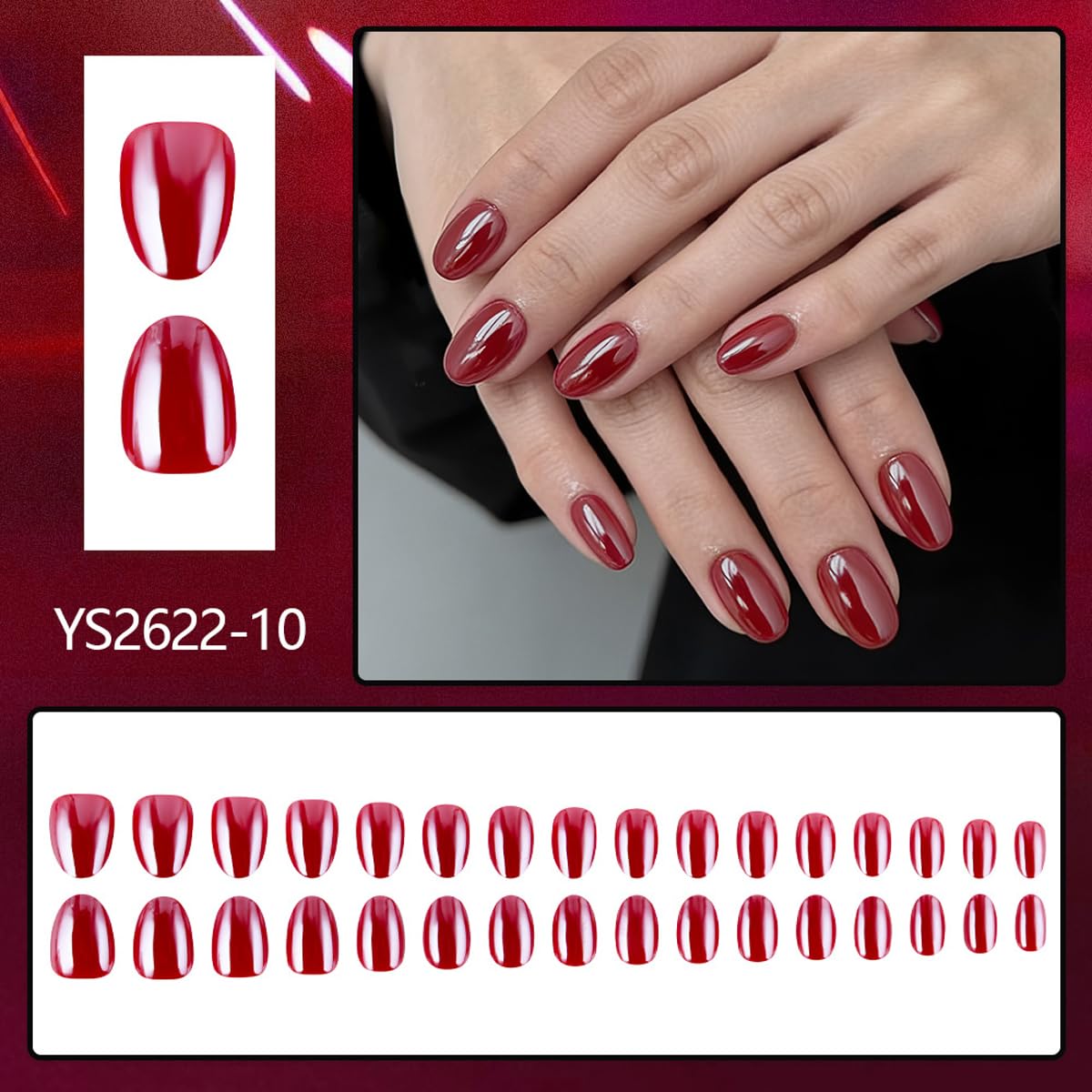 Cherry Chrome Press on Nails Short Oval Fake Nails Red Nails Press ons with Mirror Chrome Design,Reusable & Easy Apply Full Cover Stick on Nails for Women Manicure 32Pcs