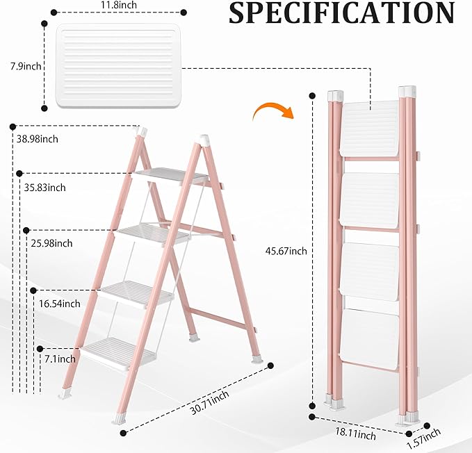 4 Step Ladder, Folding Step Stool with Anti-Slip Wide Pedal, Anti-Slip Feet, Sturdiest Steel Construction, Steel Ladder for Home and Office, Pink White