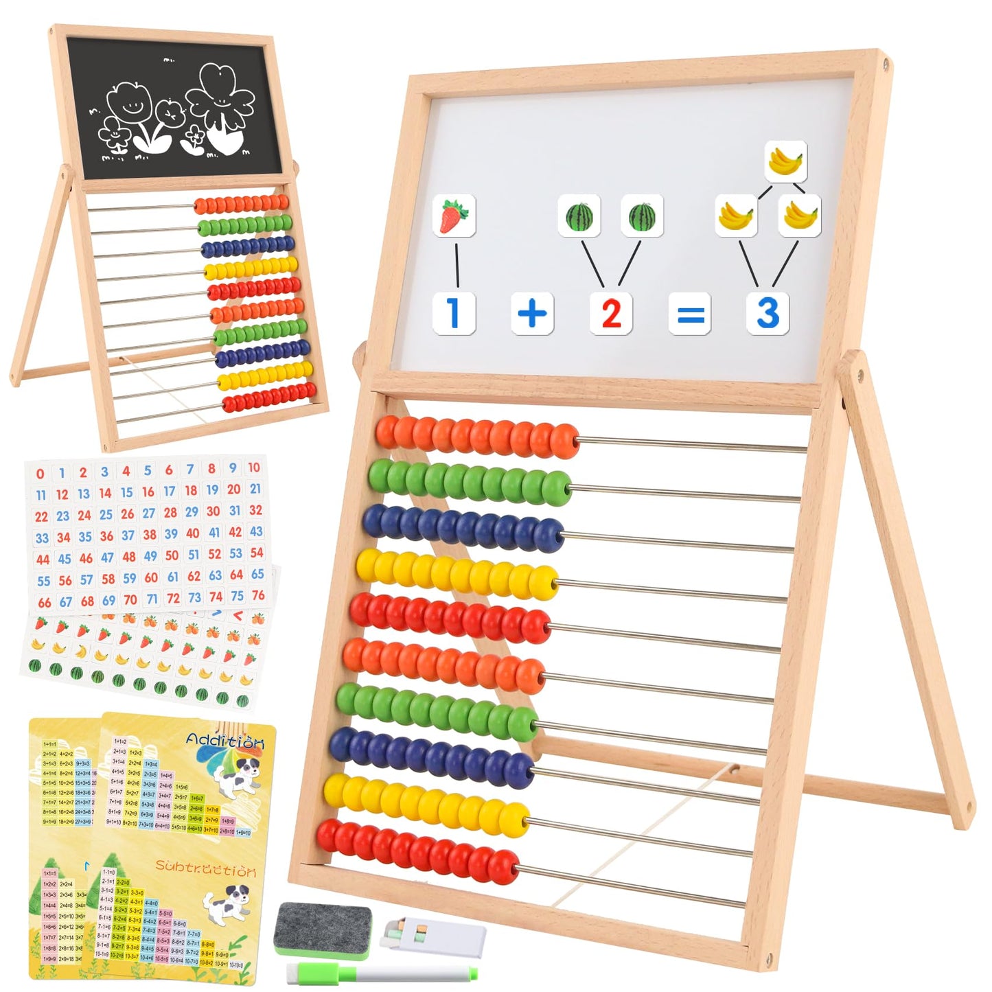 Ranqibo Wooden Abacus for Kids Math - Double-Sided Blackboard Whiteboard Magnetic Abacus with 100 Magnetic Number & Fruit Stickers - Educational Counting Games Kids Gift