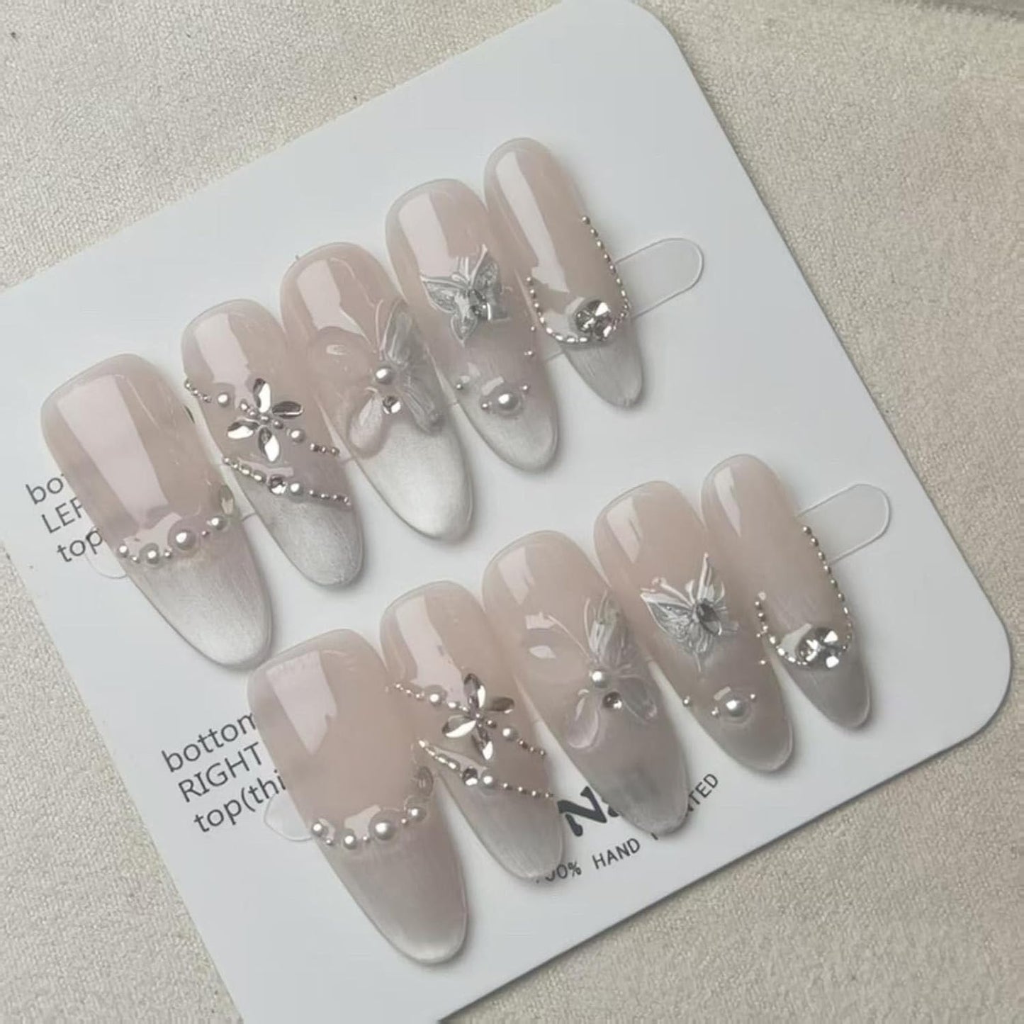 100% 5D Handmade Press on Nails with Charms Long Almond Nails Press ons- Rhinestones Pearl Butterfly False Nails Ombre Nude Press on Nails Gradient Fake Nails for Women DIY Manicure Size S