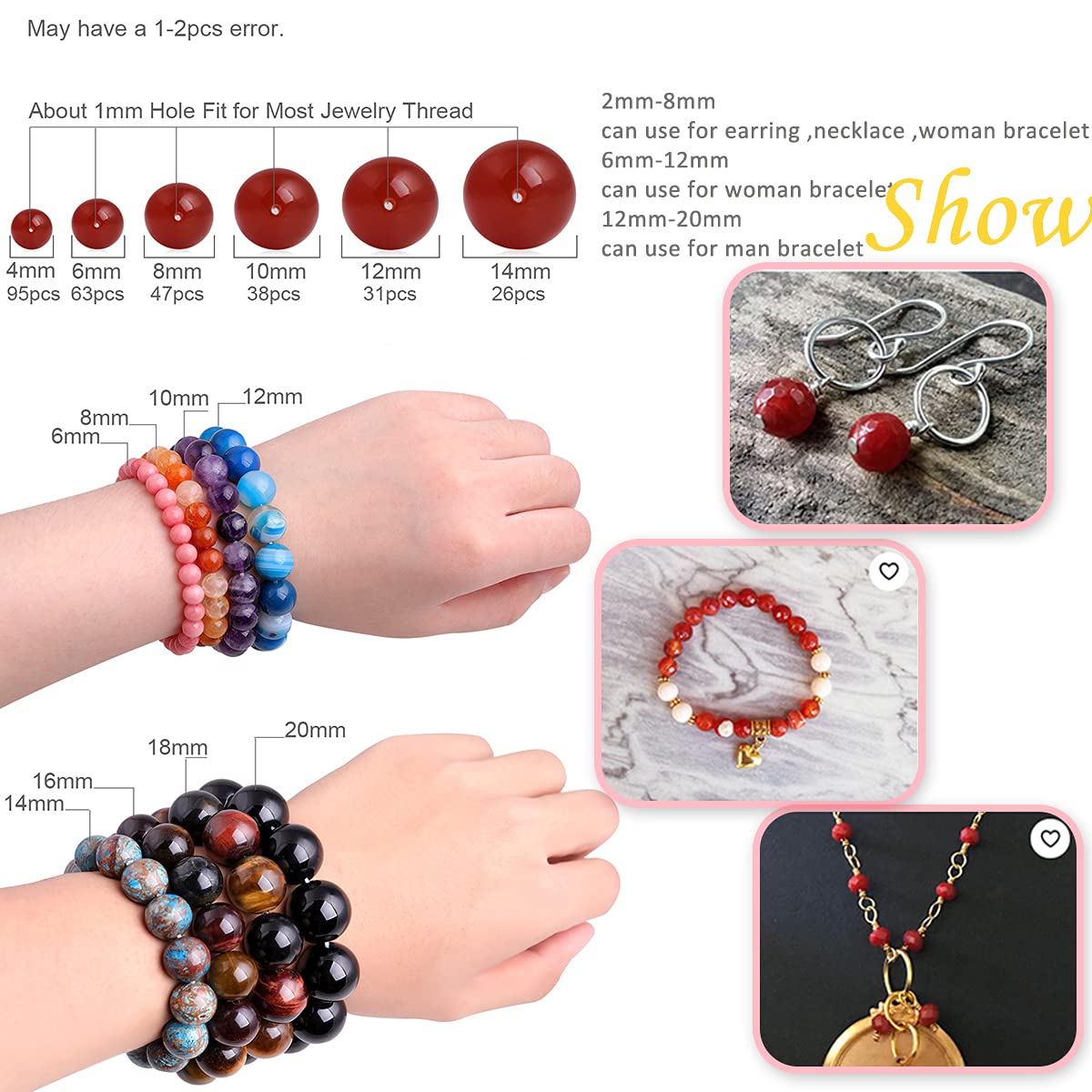 GEM-Inside Natural 18mm Carnelian Red Agate Round Gemstone Loose Beads Crystal Energy Stone for Jewelry Making 15 Inches