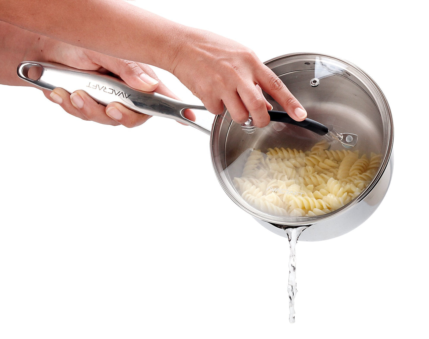 AVACRAFT Stainless Steel Saucepan with Glass Strainer Lid, Two Side Spouts for Easy Pour with Ergonomic Handle, Multipurpose Sauce Pot (5-Ply Capsule Bottom, 2.5 Quart)