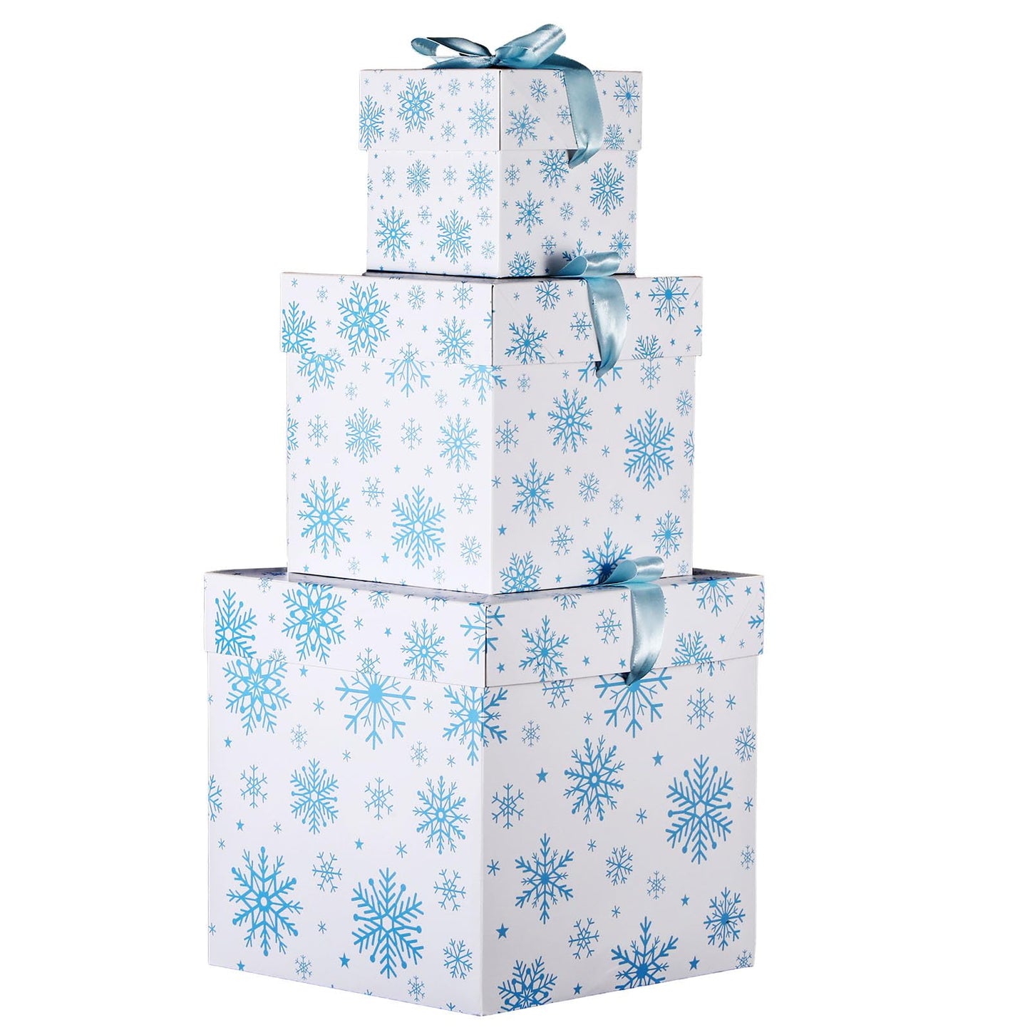 Zhanmai 3 Pcs Christmas Nesting Gift Boxes Snowflake Stackable Boxes Christmas Decorative Boxes with Lids for Present Wrapping Xmas Winter New Year Holiday Party Decor Supplies Favor(White and Blue)