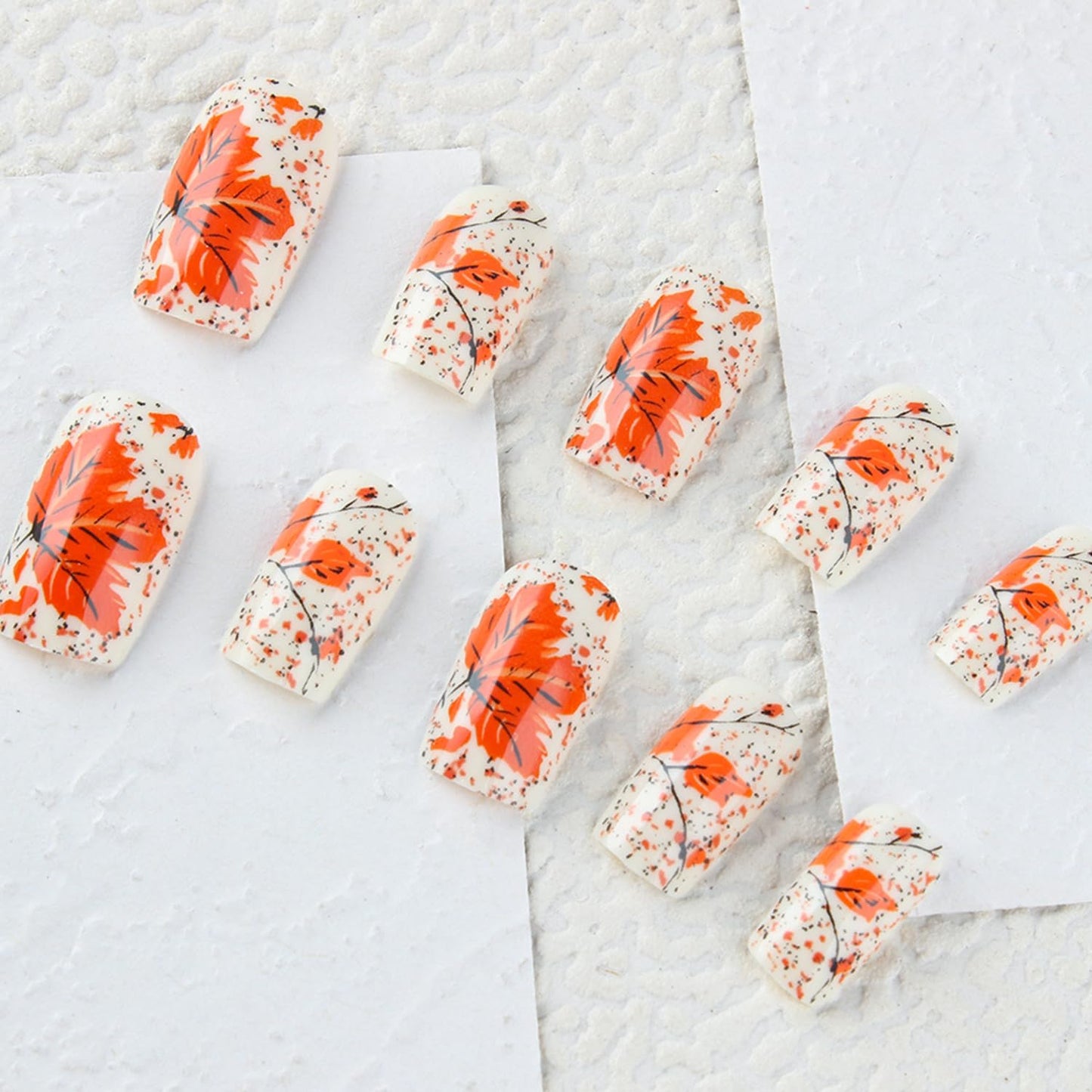 CJDLTS Fall Fake Nail Medium Square Thanksgiving Press on Nails Maple Leaf Artificial Fingernails Full Cover Glossy Autumn Stick on Nail Press Ons Festival Glue on Nails for Women 24Pcs