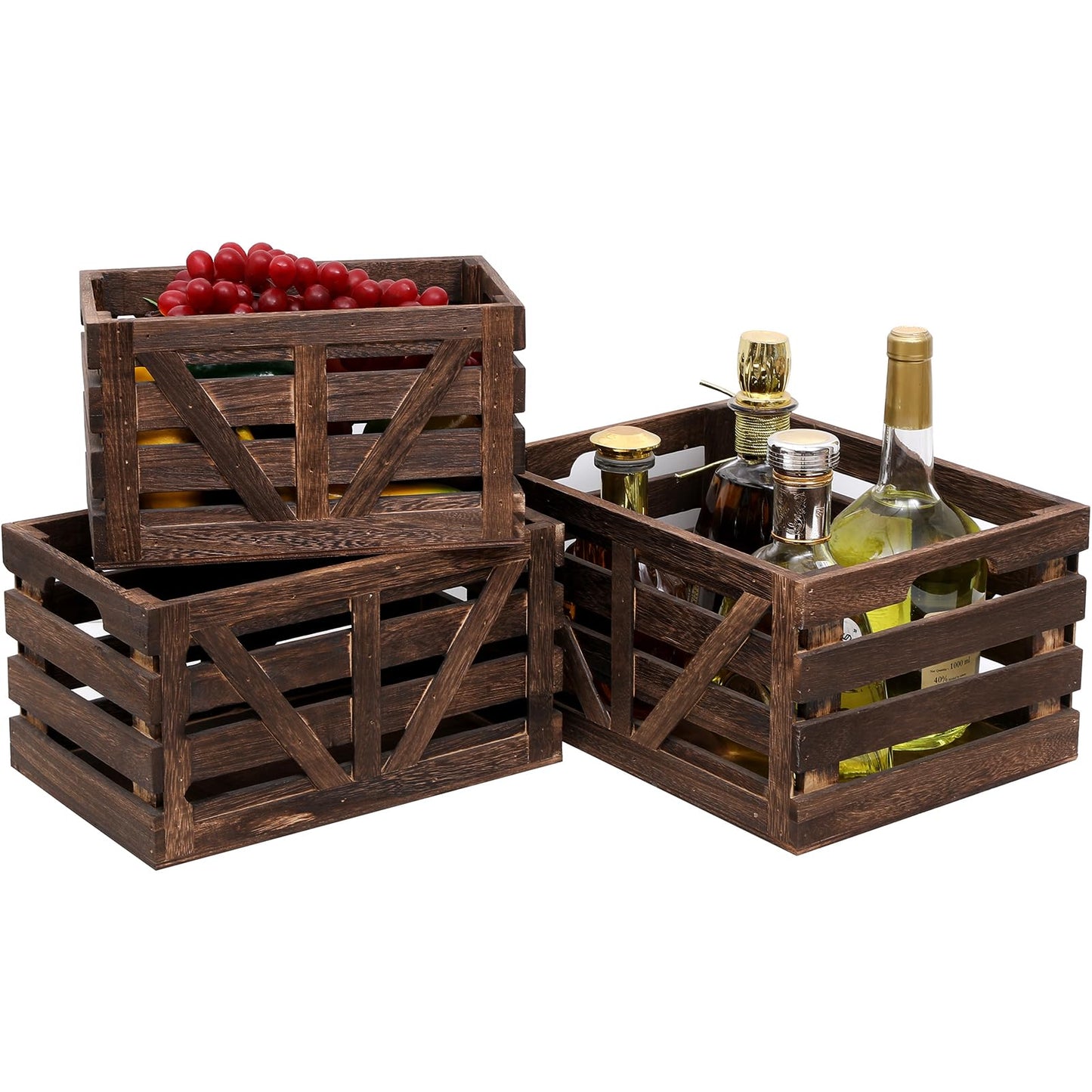 LYDWOO8D Nested Wooden Storage Crates Set of 3 (L,M,S),Farmhouse Decorative Boxes with Handles for Home Organization & Display