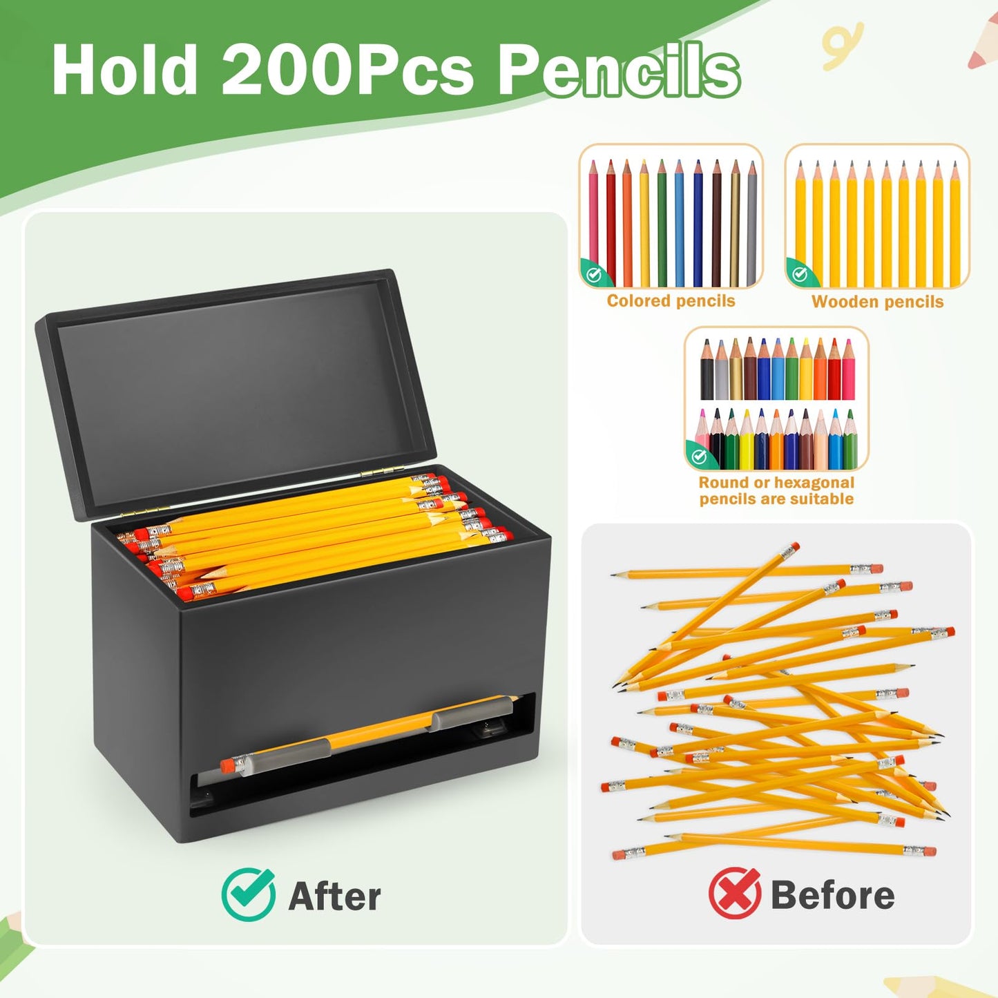 Pencil Dispenser for Classroom, Wooden Pencil Holder, Classroom Teacher Must Have, Pencils Straws Organization & Storage for Classroom Office Kitchen Restaurant (black)