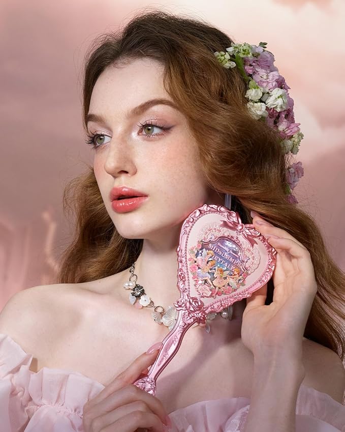 Flower Knows Midsummer Fairytales Hand Mirror,Vintage Heart Handheld Mirror,Fancy & Pretty Princess Handheld Mirror with Long Handle,Gift for Girls & Women(White Vanilla)