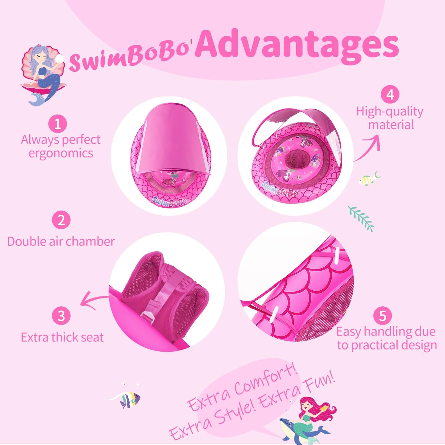 Swimbobo Baby Pool Float Ring with Adjustable Sun Canopy and Safety Seat Pool Toy for Age of 6-36 Months (Red Mermaid)