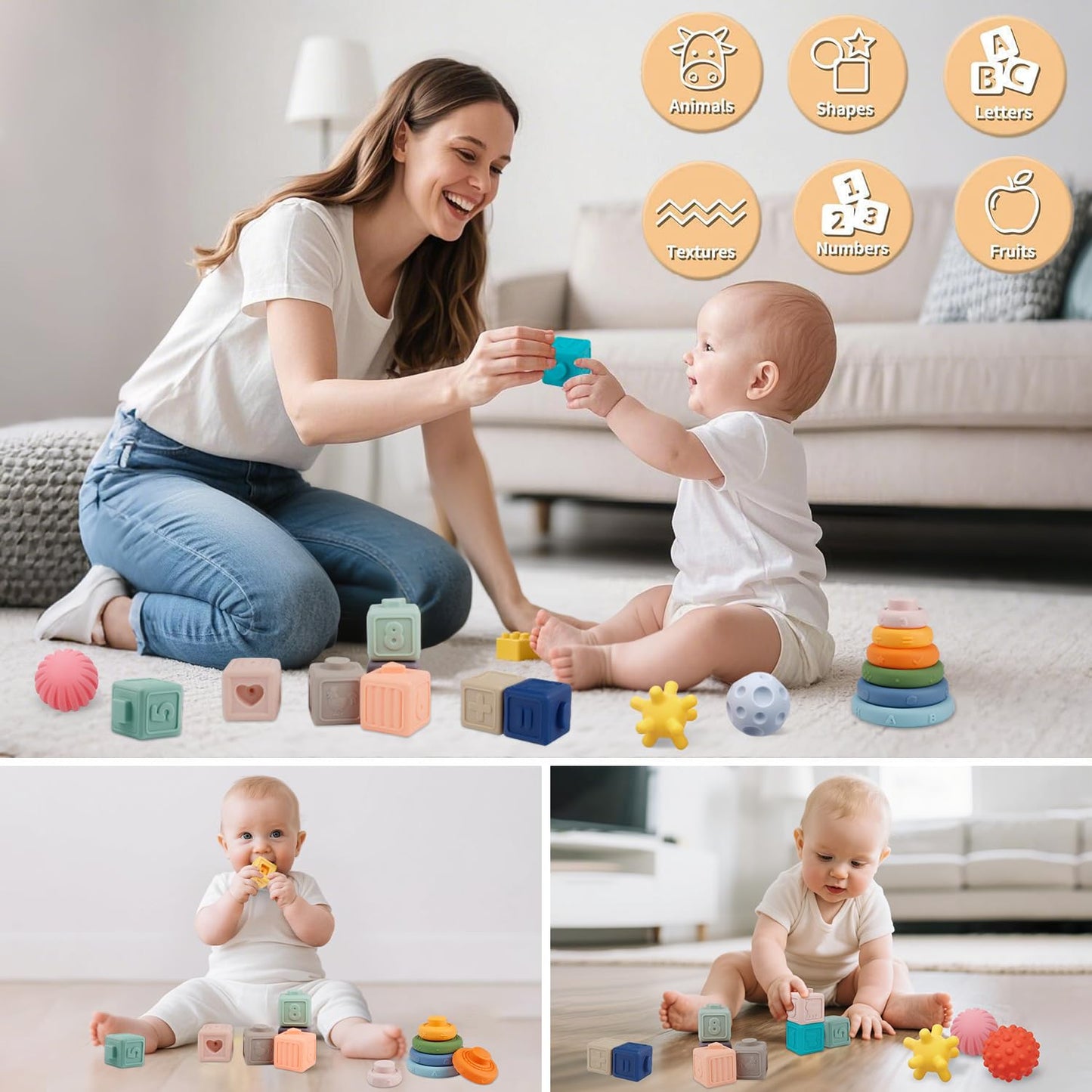 Weilim Montessori Toys Soft Stacking Building Blocks Rings Balls Sets 3 in 1 Baby Toys Bundle for Babies Sensory for Toddlers Teething Bath for Infants Learning Education Toy
