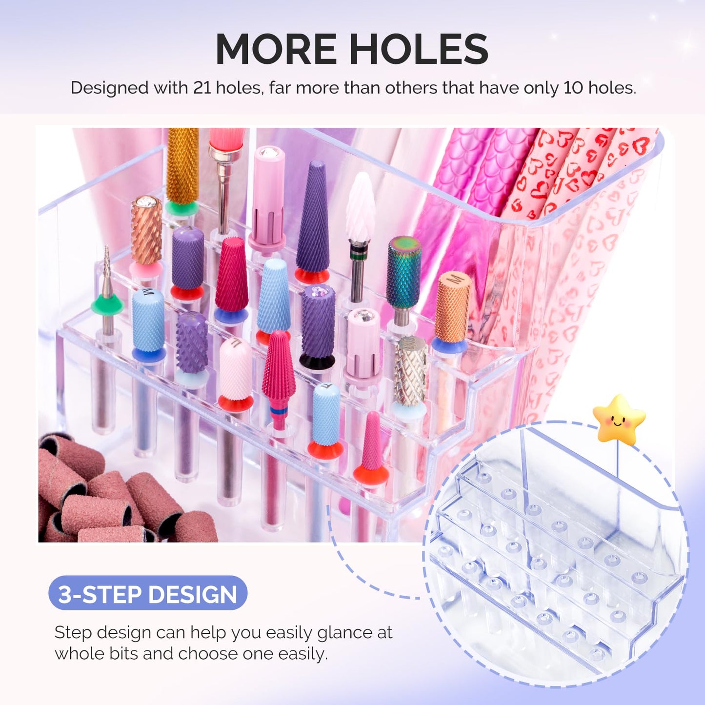 MelodySusie Nail Drill Holder, 21 Holes Nail Drill Bits Holder, Professional Acrylic Nail Tools Storage Box, Organizer Displayer for Manicure Efile Accessories Nail Drill Kit, Salon Home, Clear