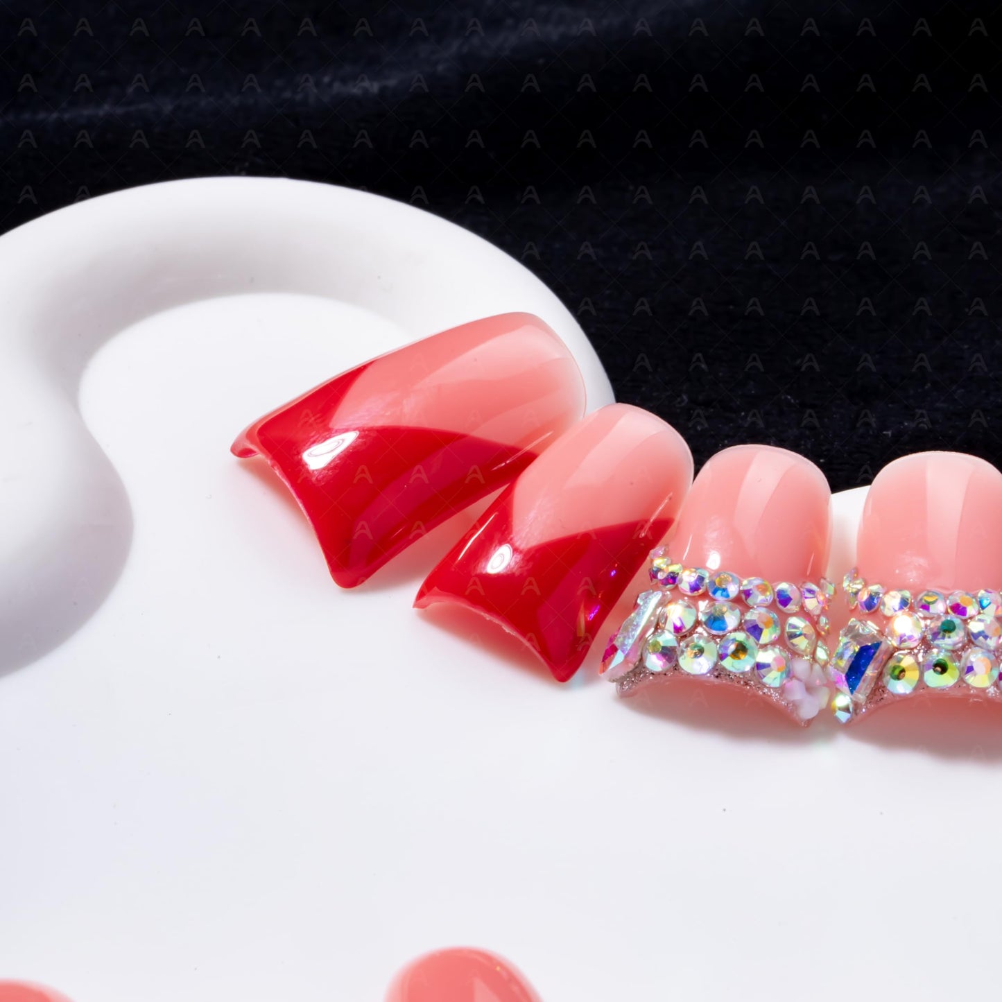IntoVibes Handmade Short Duck Press On Nails, Red French Tip with Rhinestones And Y2K, 10 Pieces Reusable Acrylic False Nails, Size Medium