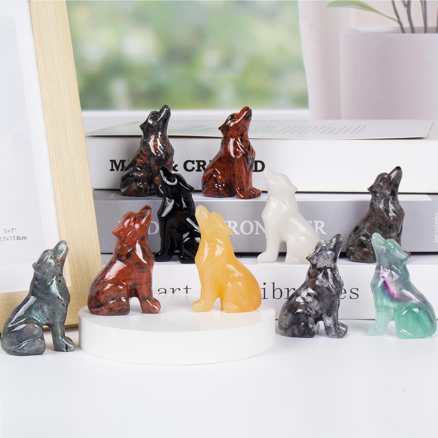 Ytbeoxk 2 Inch Shimmer Stone Wolf Crystal Statue Wolf Decor Healing Crystal Wolf Figurines Hand Carved Stone Energy Gemstones for Luck Statue in Home and Office Meditation
