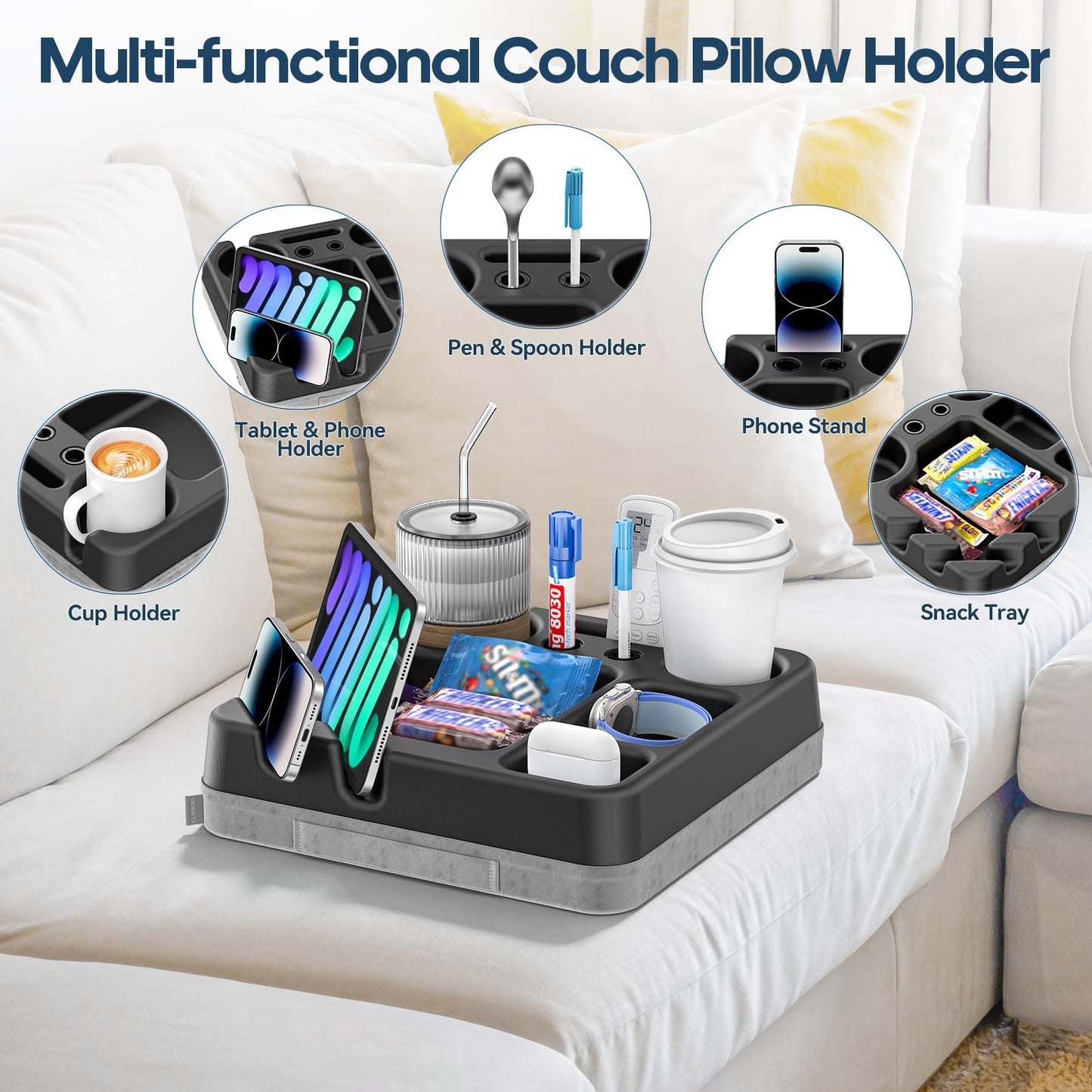 Couch Cup Holder Tray Couch Cup Holder Pillow Bed Tray Snack Sofa Bed Caddy Organizer Beach Sofa Drink Holder Anti-Spill Portable Snack Caddy Couch Remote Holder for Phone Pad Kindle Beverage Black