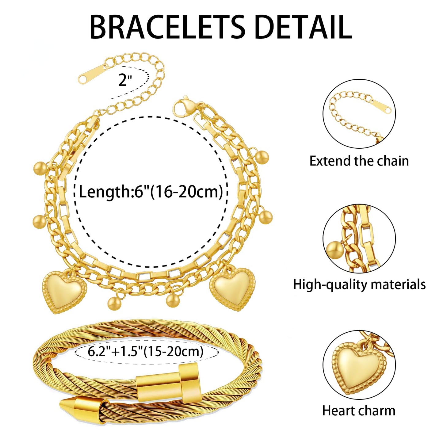 LCTrusttmor Gahna Heart Charms Bracelets for Women, Stackable 18K Gold Plated Heart Charm with Adjustable Layered Link Chain Set Dainty Jewelry Gifts