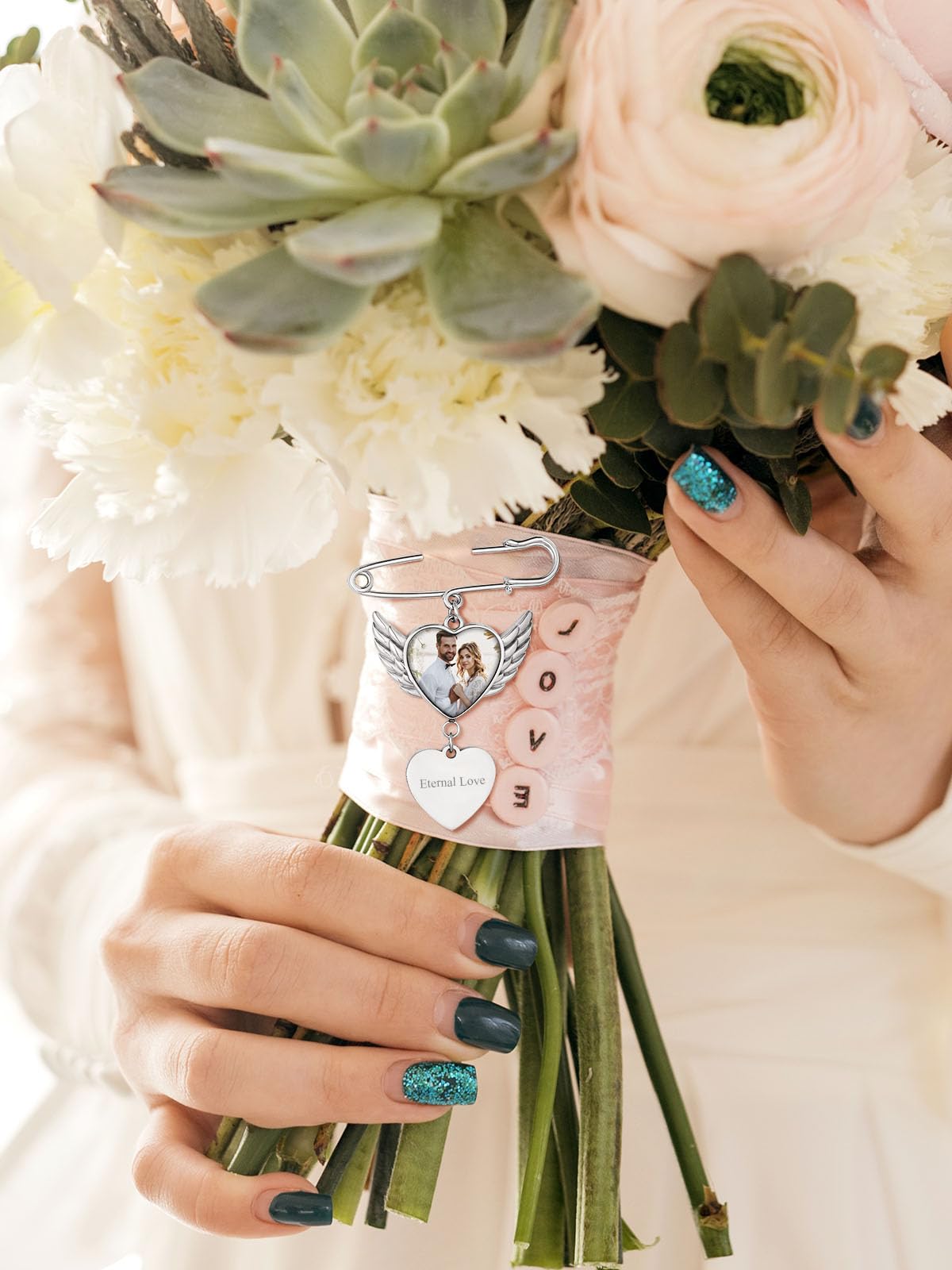 Custom4U Bouquet Picture Charm for Groom Names Customized Brooch for Wedding Memory Funeral Jewelry