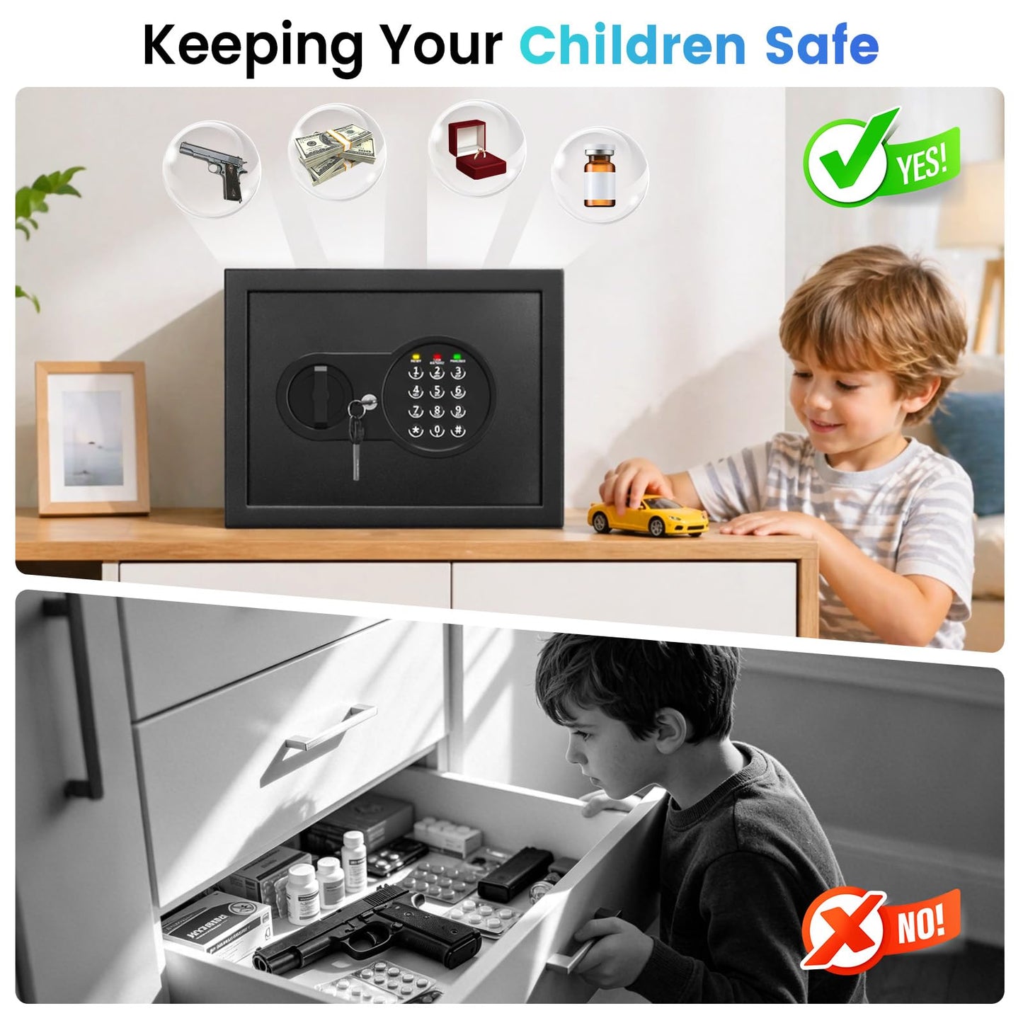 Mitlvge 0.9 Cuft Small Safe Box, Money Safe with Removable Shelf, Fireproof Waterproof Bag and Programmable Keypad, Home Safe with Smart Alert and Wall Mount Kits for Money, Jewelry and Documents