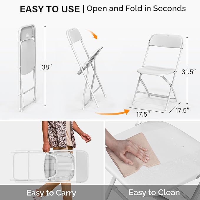 VINGLI 4 Pack White Plastic Folding Chair, Indoor Outdoor Portable Stackable Commercial Seat with Steel Frame 350lb. Capacity for Events Office Wedding Party Picnic Kitchen Dining