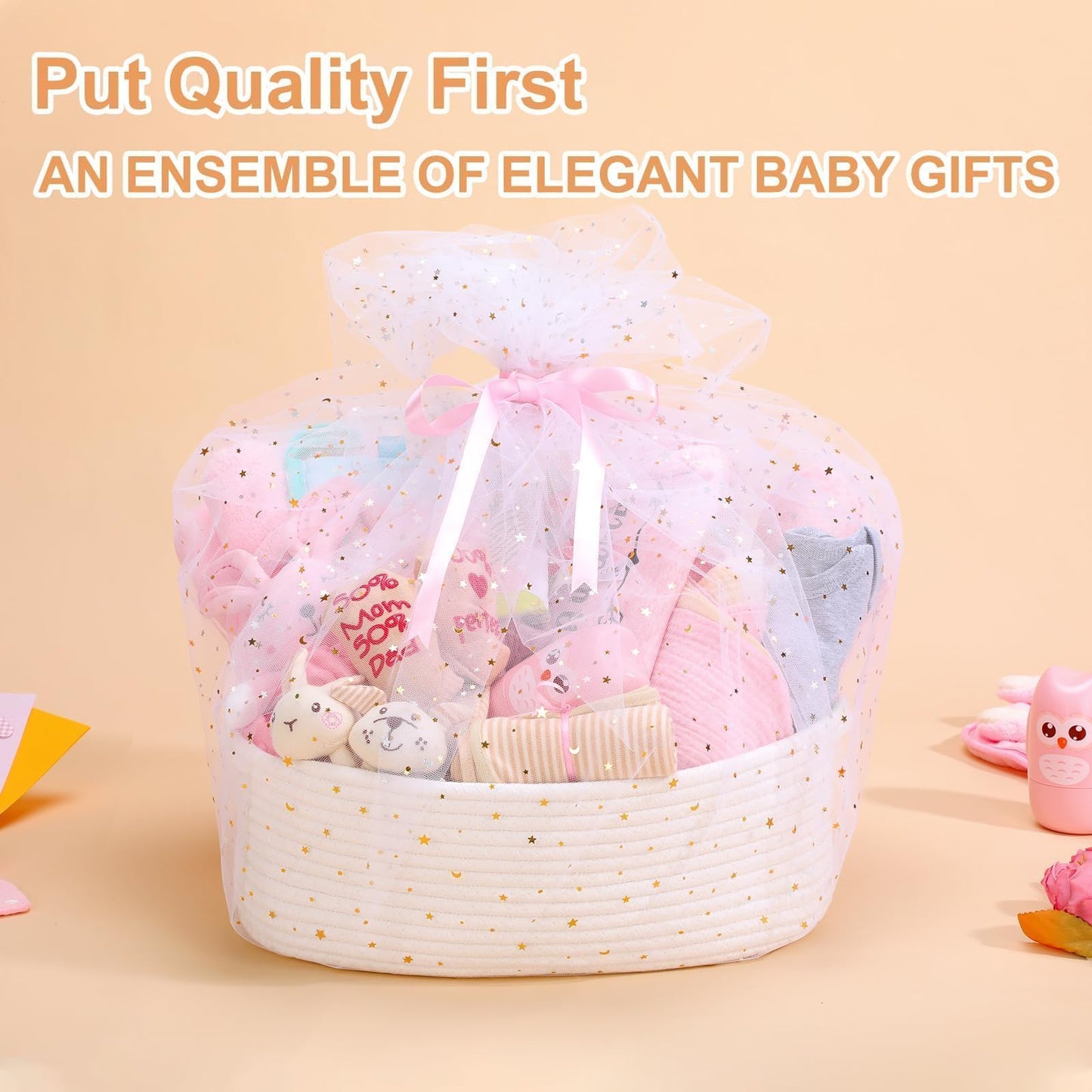 27-Piece Baby Girl Shower Gift Basket Set - Newborn Essentials, Large Pink Gift Basket With Rattle, Swaddle, Diaper Caddy Organizer