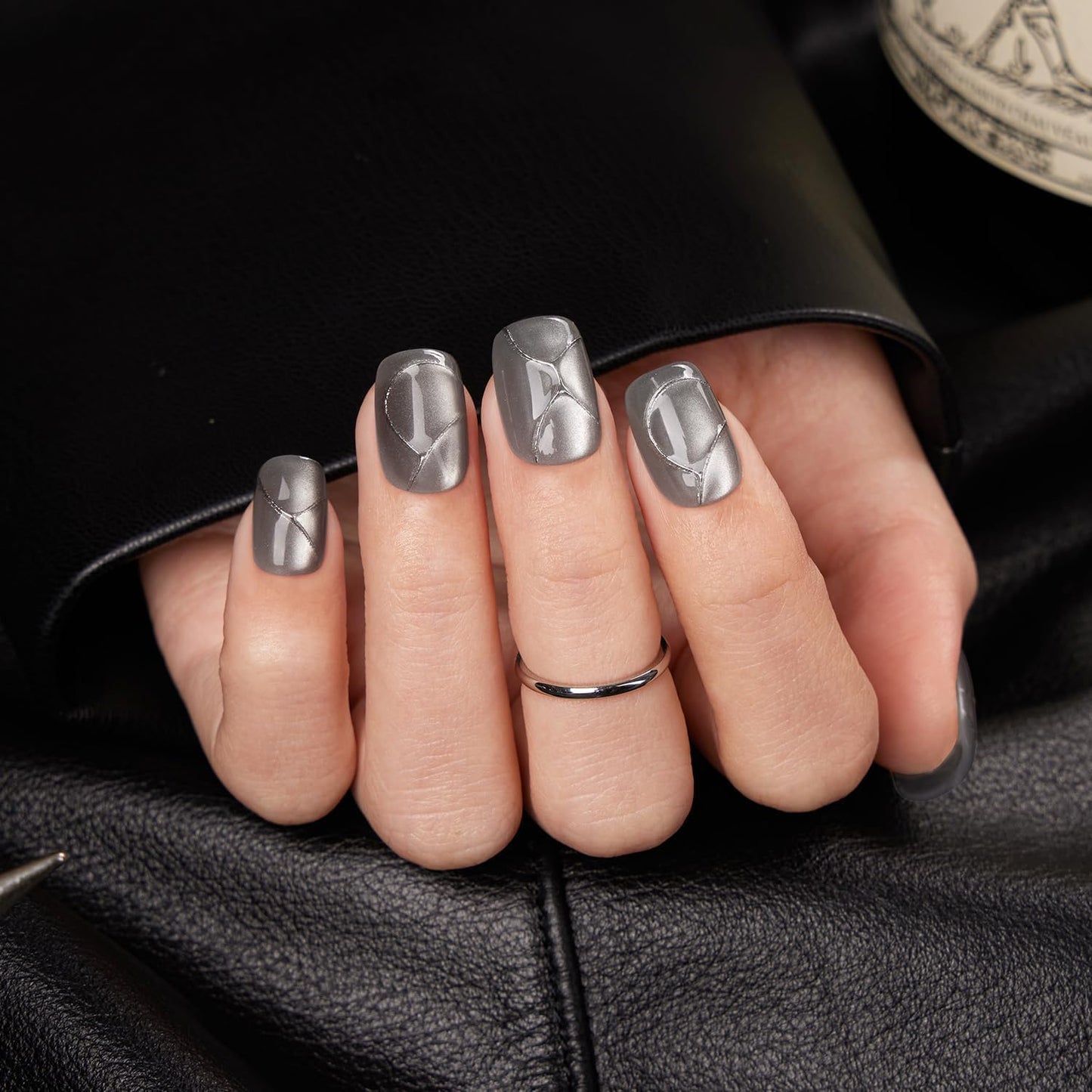VSALON Square Short Press on Nails, Silver Gray 3D Urban Punk Style Cat Eye Nail Kit & Blue Cat Eye Mini Pack