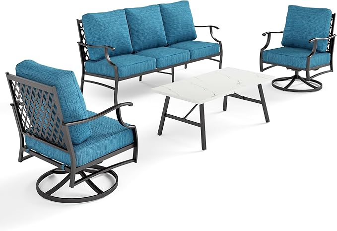 4 Piece Metal Outdoor Patio Furniture Set, Patio Conversation Sets 3-seater Sofa, 2 Swivel Chair with 5.75" Extra Thick Cushion and Coffee Table, Black Frame Backyard Furniture, Blue-2