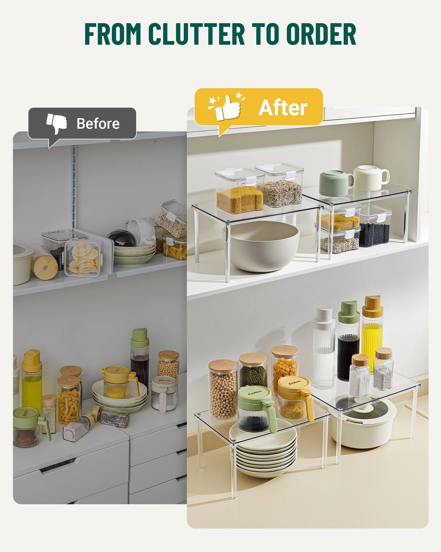 Bobomoment Acrylic Cabinet Organizer, Set of 2 Shelf Organizer, Spice Rack Organizer for Cabinet, Desk Countertop Organizer, Stackable Shelves for Pantry Kitchen Storage and Organization