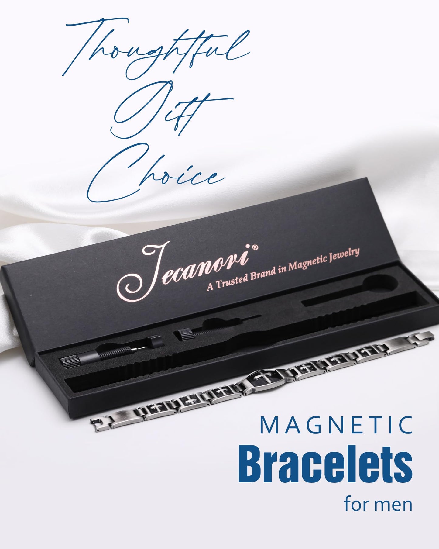 Jecanori Magnetic Bracelets for Men - Titanium Steel Cross Design, Adjustable Length with Sizing Tool, Hypoallergenic, Corrosion-Resistant,Grey