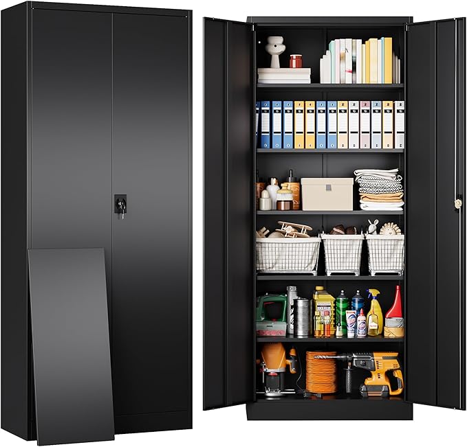 SISESOL Metal Storage Cabinet with 2 Doors and 6 Shelves,71" Lockable Garage Storage Cabinet,Black Metal Cabinets with Lock,Locking Steel Cabinets for Home,Office,Garage,Shop,School