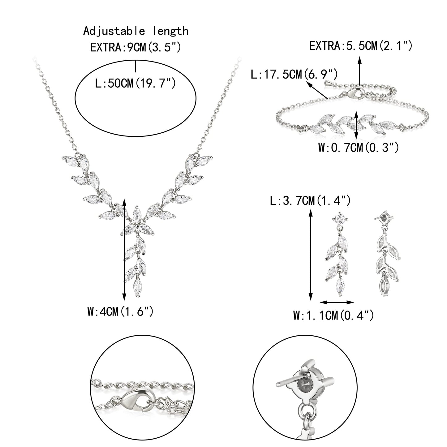 EVER FAITH Wedding Cubic Zirconia Jewelry Sets for Bride Bridesmaid, Sparkly Marquise Leaf Necklace Dangle Earrings Bracelet Set for Woman Clear Silver-Plated-Brass