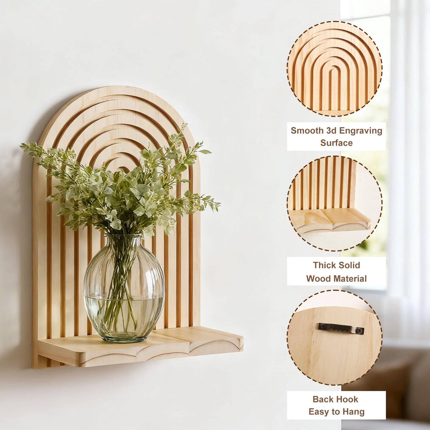 Artilady 2 Pack Boho Wood Wall Hanging Shelf - Handmade Rainbow Arch Floating Shelves Trinket Storage Rack Modern Wall Decor for Bedroom Living Room Nursery Bathroom
