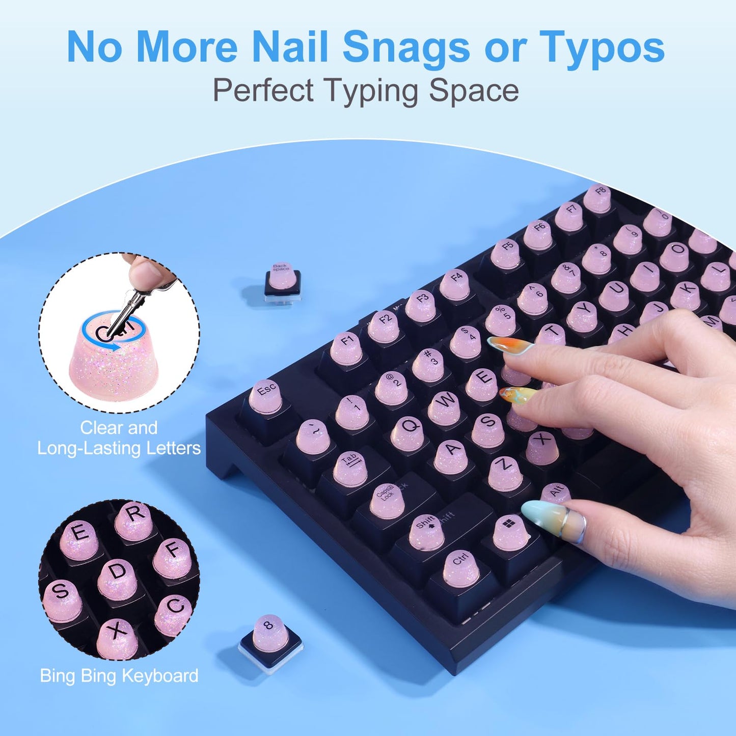 Raised Keyboard Stickers for Long Nails, Bling Keyboard Bubbles for Women with Letters, Soft Silicone Nail Art Typing Keycaps for Desktops (Pink, 128pcs)