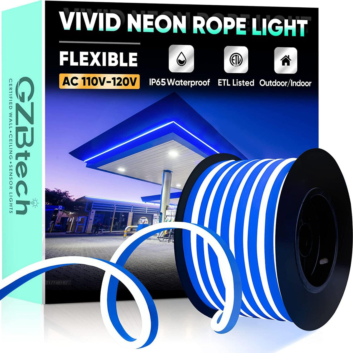 GZBtech Flexible LED Neon Rope Lights 50FT,AC 110-120V Waterproof Strip Light, 120 LEDs/M Cuttable Connectable Neon Lighting for Indoor Outdoor Home Decor/Commercial Building Use-Blue 15M
