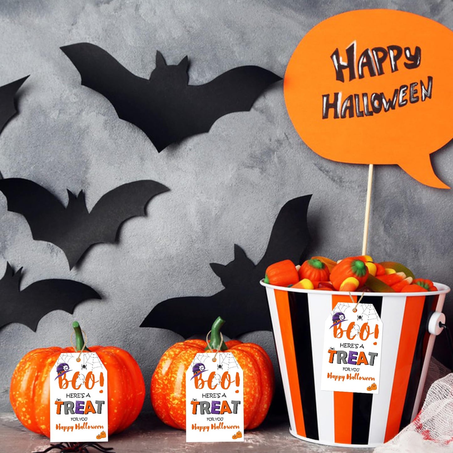 Anwyll 50 Pcs Halloween Tags with String + 60Pcs Halloween Name Gift Tags Stickers