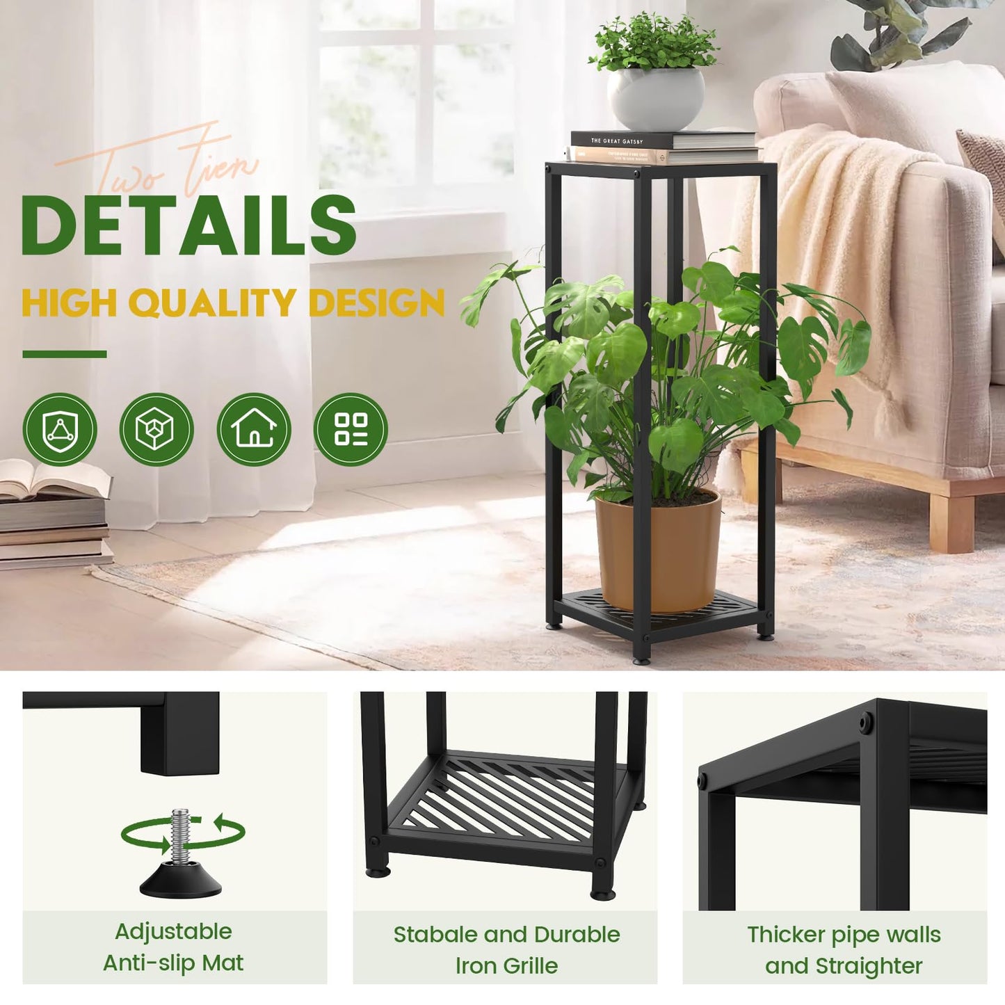 TOSKING Tall Plant Stand Indoor – 2-Tier Modern Metal Shelf, 30" Height & 200 LBS Capacity, Heavy Duty for Living Room, Balcony, Garden (Black)
