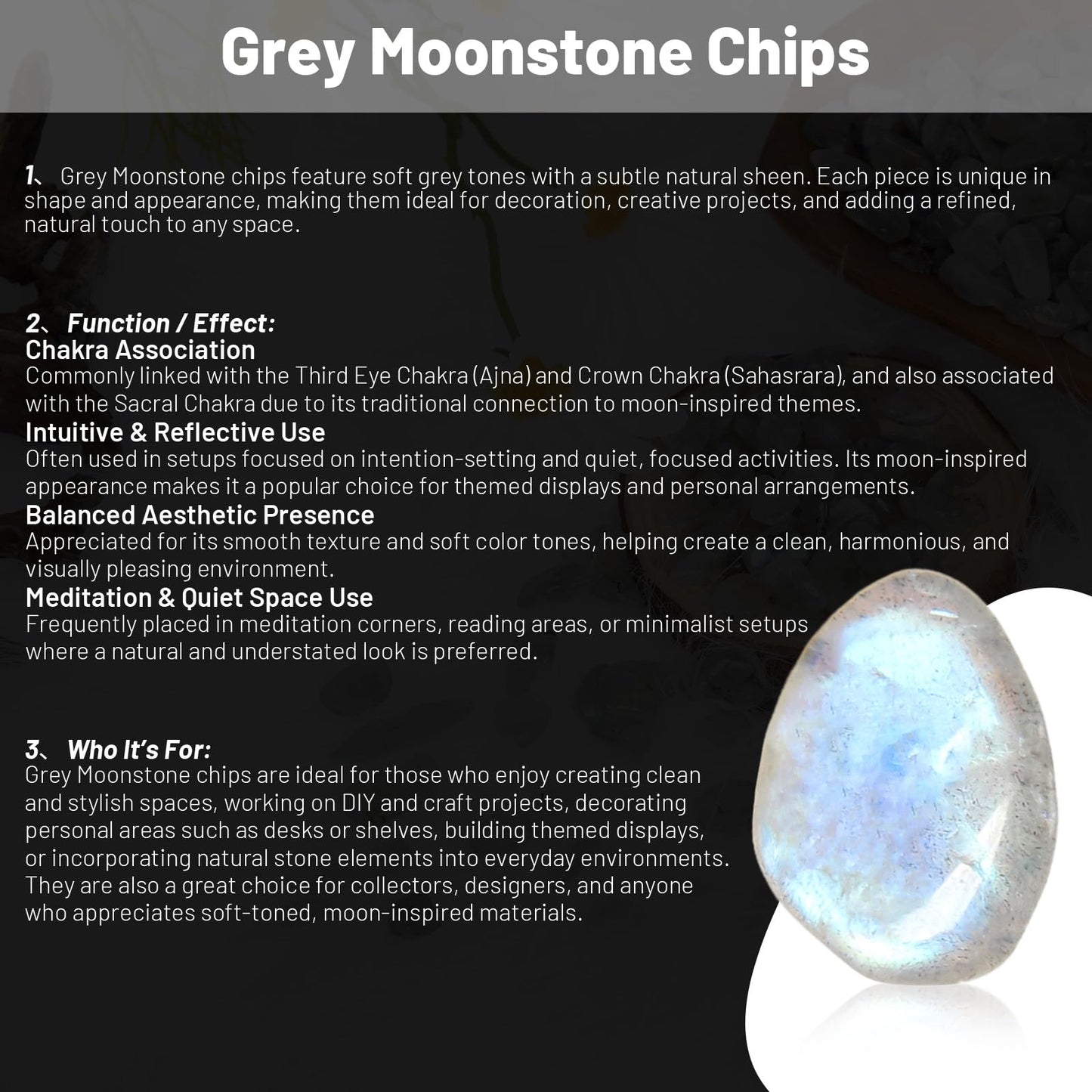 1.1lb Natural Crushed Grey Moonstone Labradorite Crystal Tumbled Chips - Grey Labradorite Healing Crystals Chips Bulk