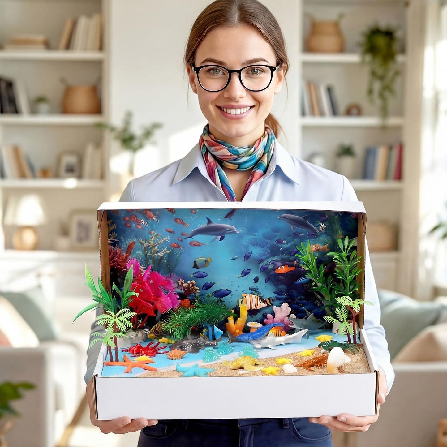 Teyva Daily 60 Pcs Ocean Diorama Kit Habitat Project Box Set 3D Ocean Diorama Supplies Include Under The Sea Animals Figures Artificial Coral Seagrass with Cardboard for DIY Crafts Gifts