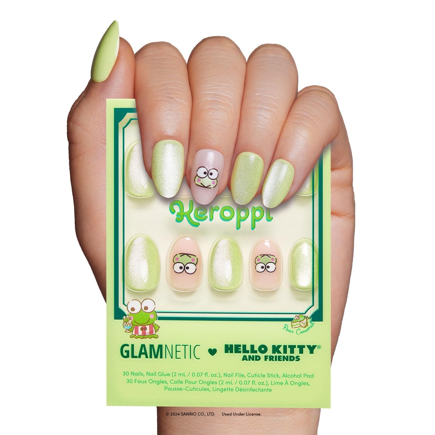 Glamnetic x Hello Kitty® and Friends Press On Nails - Keroppi™ | Short Oval Pastel Green Graphic Fake Nails in a Velvet Finish | 15 Sizes - 30 Nail Kit with Glue