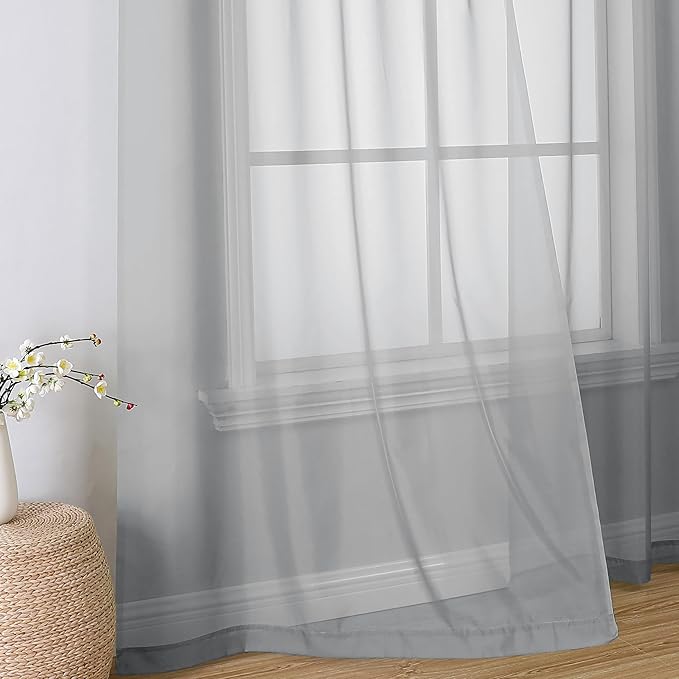 Simplebrand Light Grey Sheer Curtains 96 Inches Long, Light Filtering Silver Grey Rod Pocket Solid Color Window Sheer Curtain Panels, Elegant Curtains & Drapes for Living Room, Bedroom 2 Panels, 42" W