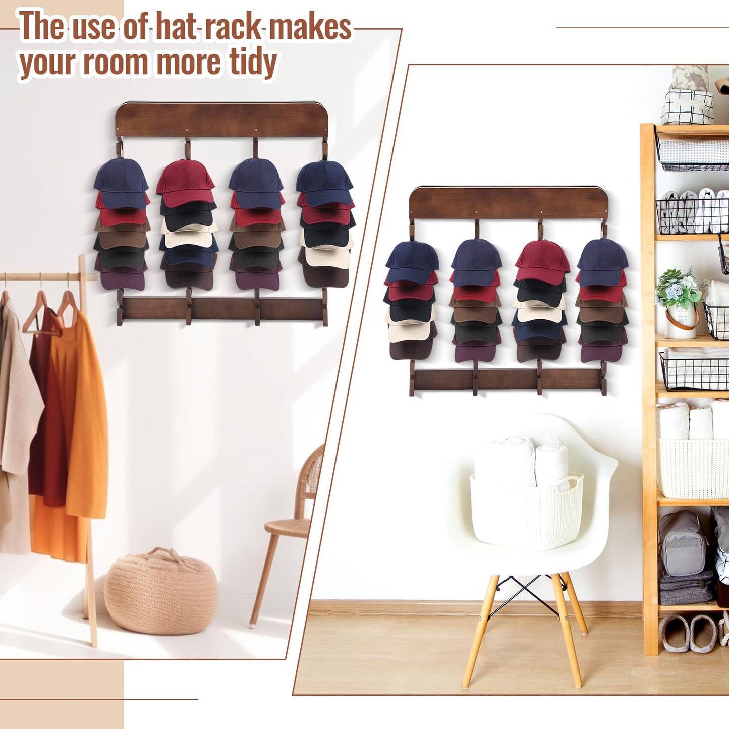 Wonderjune Wooden Hat Racks for Baseball Caps,40 Slots,Four Times,Baseball Cap Display Racks Vertical Class for Hats,Hat Organizer Wood Cap Hanger for Bedroom,Living Room,Entryway,Brown