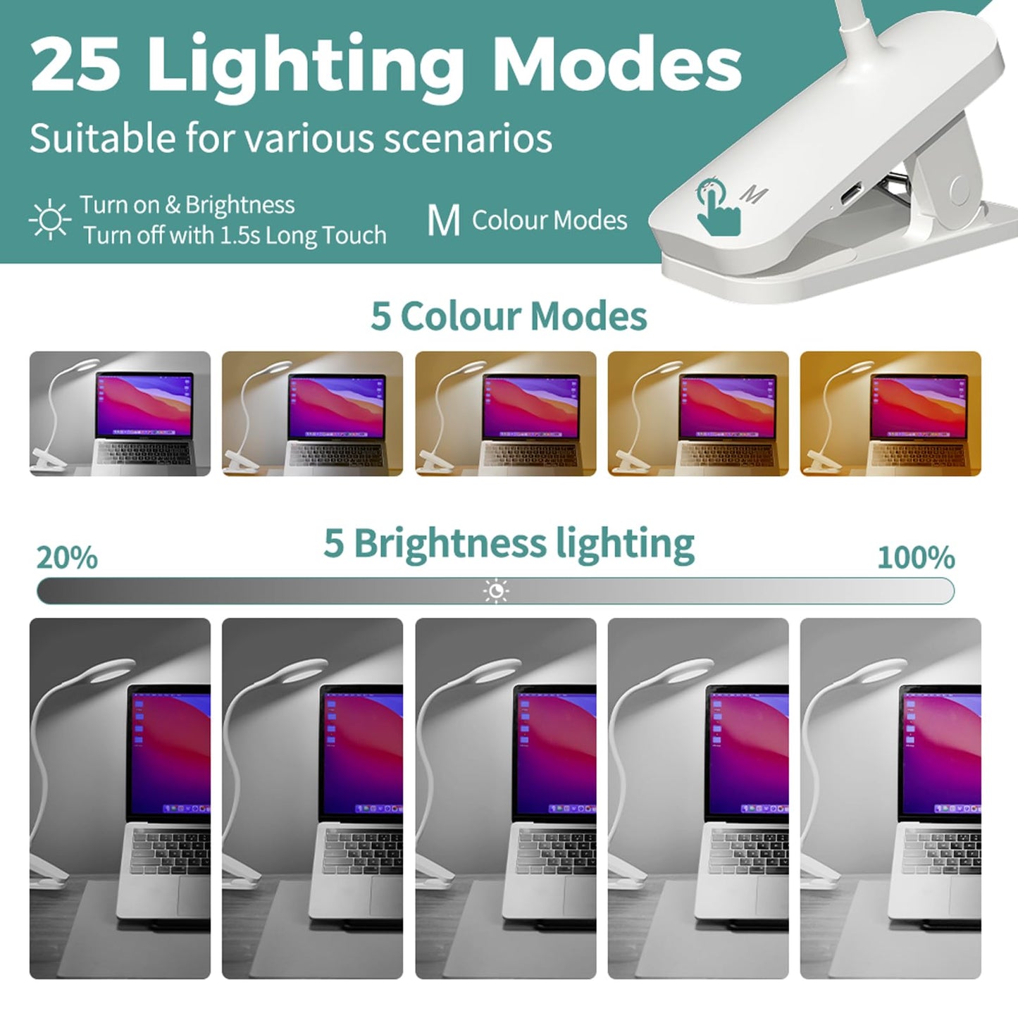 CUHIOY Clip on Reading Light for Bed Headboard, Rechargeable Battery Clamp on Bunk Bed Light, 5 Colors 5 Brightness Flexible Neck Desk Lamp, Eye Protect LED Touch Control Book Lights at Night for Kids