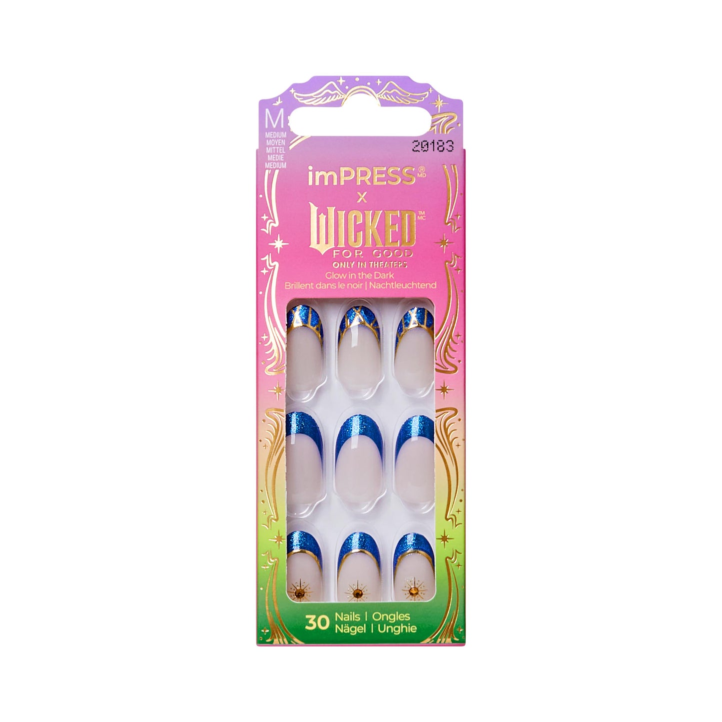 Impress X WICKED: FOR GOOD Press On Nails, ‘Wickedly Brave’, Blue, Medium Oval, New Improved Adhesive, Up To 10 Day Hold, Includes 30 Fake Nails, 1 Prep Pad, 1 Manicure Stick, 1 Mini File