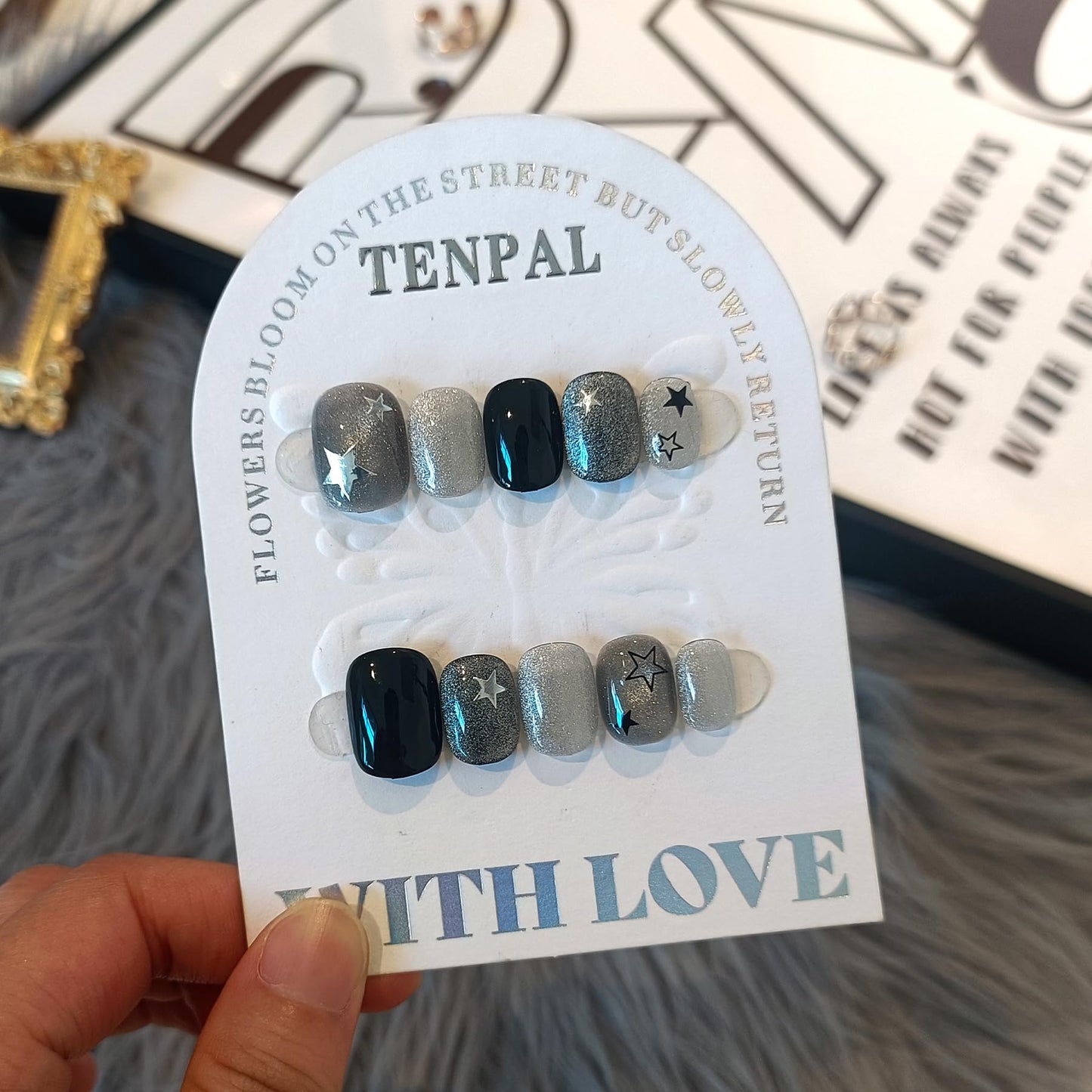 TENPAL Glitter Cat Eye Press On Nails 10 Pcs with Tools Kit - Handmade Black Grey Starry Sparkle Glue on Nails, Glossy Short Square Edgy Sweet False Nails,Reusable Fake Nails for Date Night Party(XS)