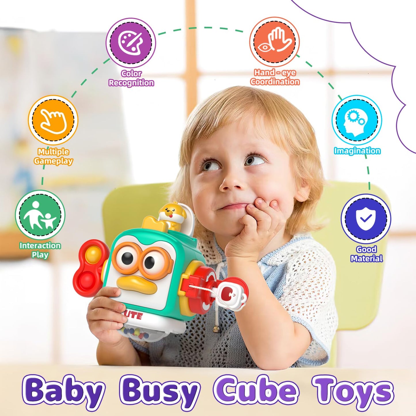 usrela 5 in 1 Baby Toys for 9 12 18 Month, Learning Toy for Babies 6-12 Months, Baby Busy Cube, Stacking&Sensory, Pull String&Piano Xylophone Toy, Birthday Gift for 7 8 9 Month
