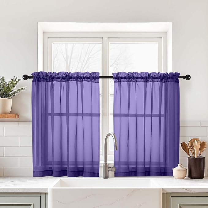 Purple Sheer Curtains Tier 30 Inches Length 2 Panels Set, Light Filtering Lightweight Soft Window Treatments Drapes, Cute Elegant Cafe Curtains for Nursery, Dual Rod Pocket, 2x42Wx30L Inches