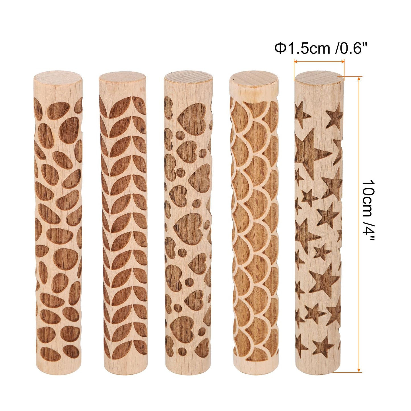 HARFINGTON 5pcs Wood Clay Roller 4" Star Pattern Rolling Pins Wood Rollers Pottery Tools Wood Grain Texture Rollers for Clay Baking Dough Playdough DIY