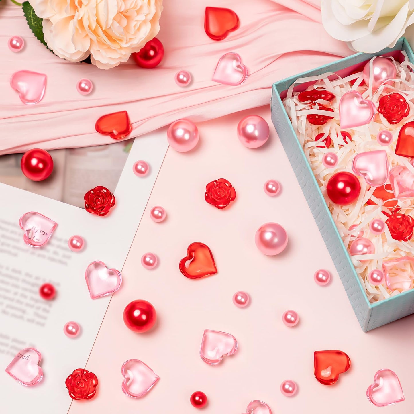 240Pcs Valentines Day Vase Filler, Pink Red Heart Rose Vase Filler Beads Floating for Wedding Decor Party Home Centerpieces