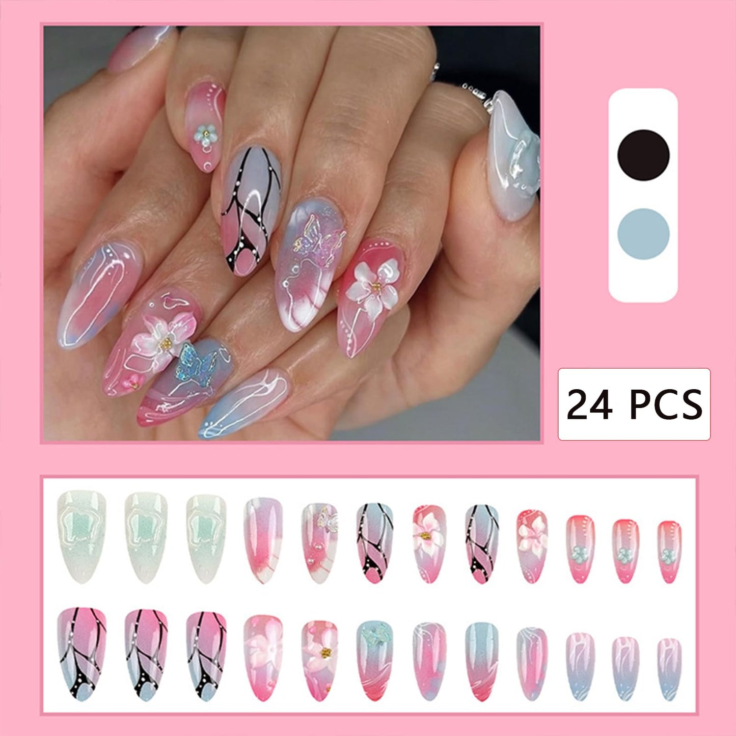 24 Pieces Pink Press-On Nails Short Almond False Nails with 3D Embossed Flowers Butterfly French Gradient Design False Nails Women's Nail Art Decoration