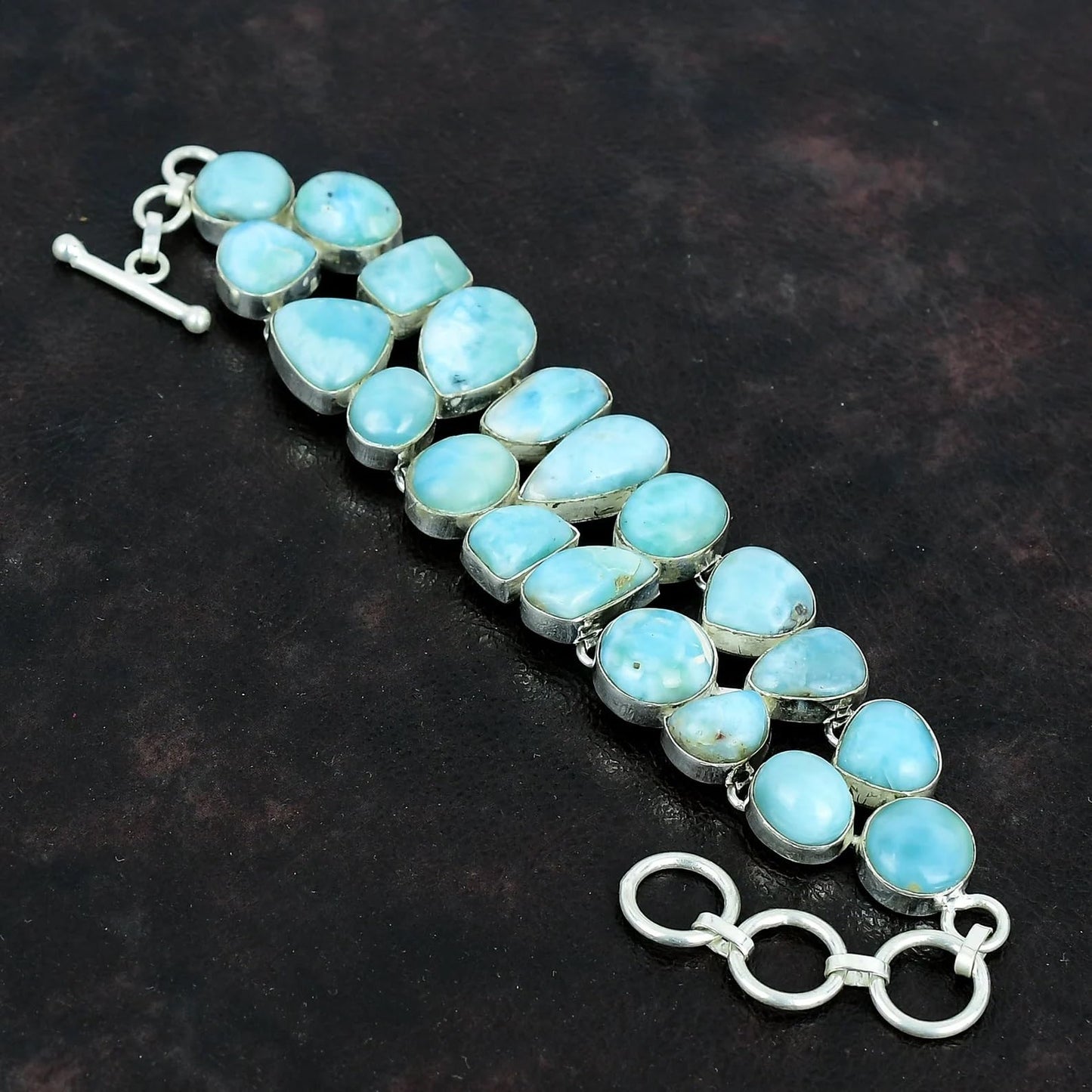 Solid 925 Sterling Silver Larimar Gemstone Bracelet – Natural Blue Larimar Stone, Women’s Stretch Silver Bracelet