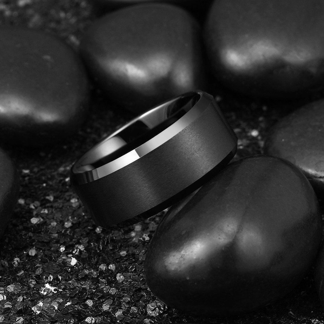 King Will 10mm Men's Black Wedding Ring - Brushed Matte Surface, Beveled Polished Edge, Comfort Fit Size 8